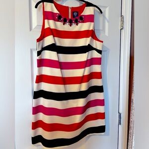 Vince Camuto Preppy Striped Sleeveless Cocktail Dress with Neckline Beading